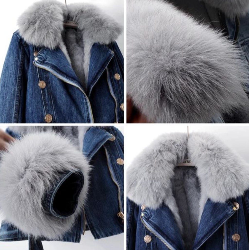 Chaqueta de Mezclilla con Cuello de Piel Acolchado