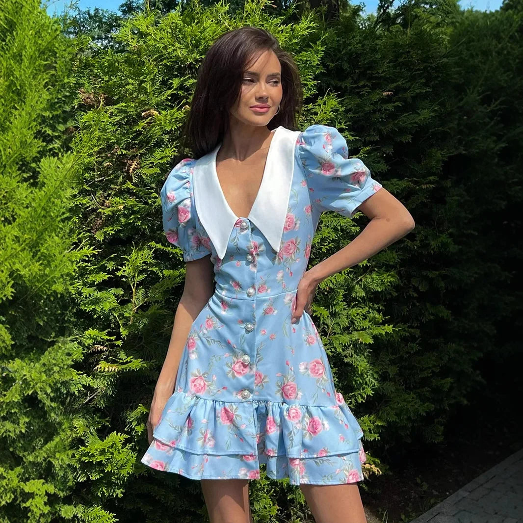 Vestido mini Andromeda floral con mangas abullonadas