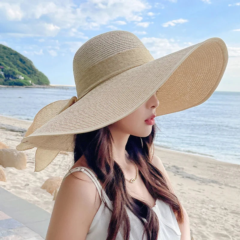SOMBRERO DE PLAYA DE PAJA CON LAZO PARA MUJER,