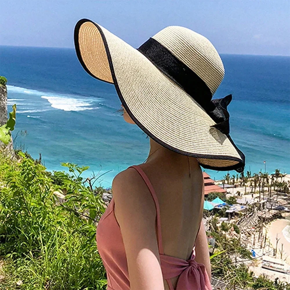 SOMBRERO DE PLAYA DE PAJA CON LAZO PARA MUJER,
