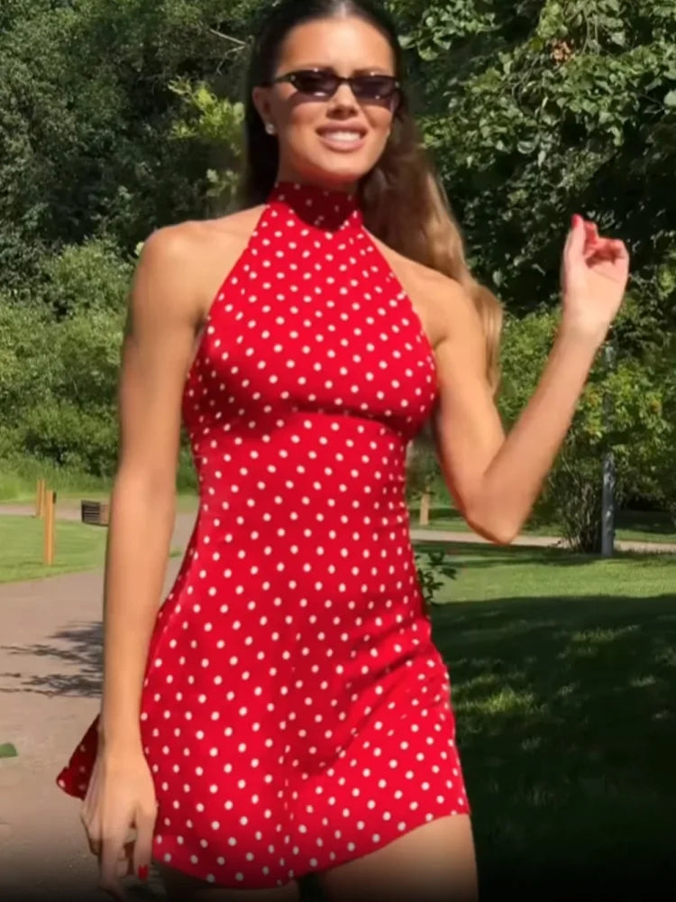 Vestido Mini Halter de Lunares Sin Espalda