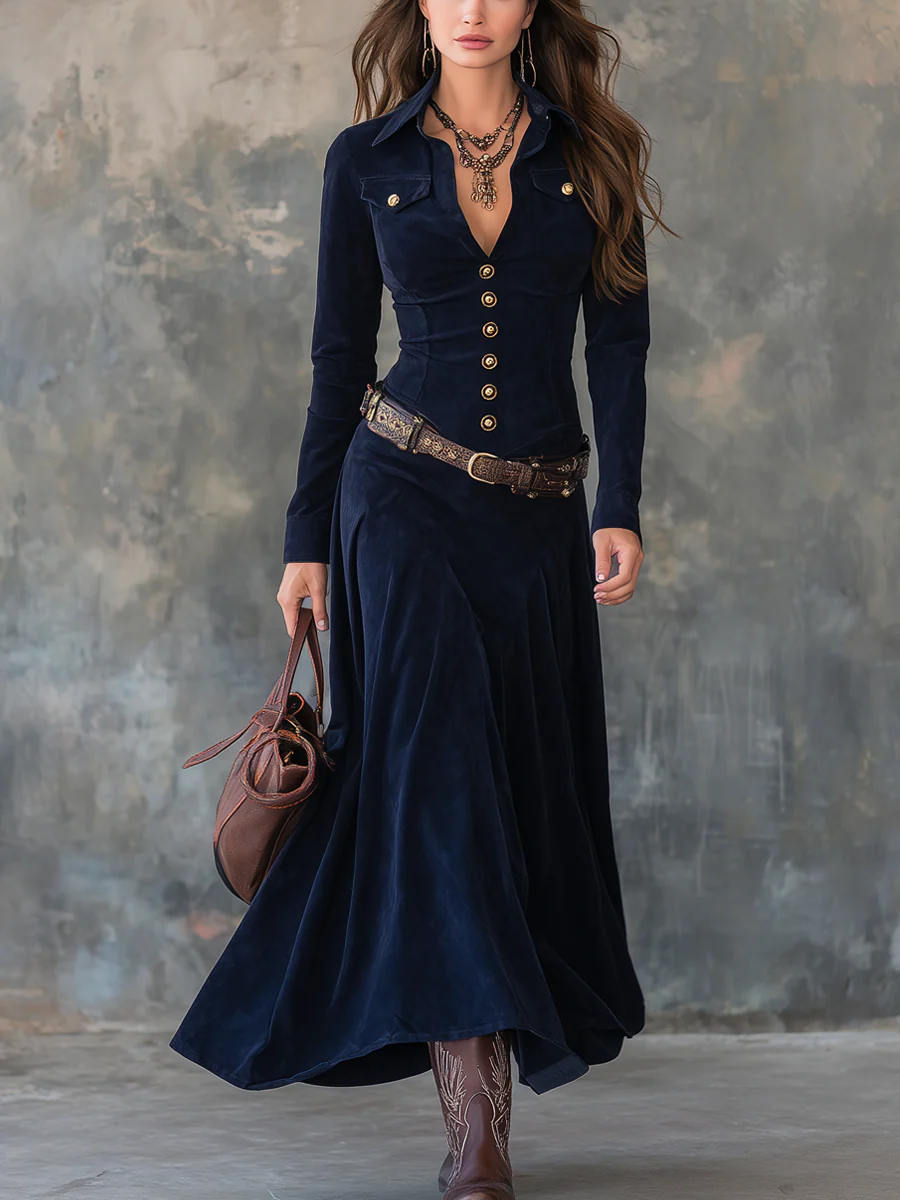 Vestido largo vintage con bolsillos con solapa- Candela