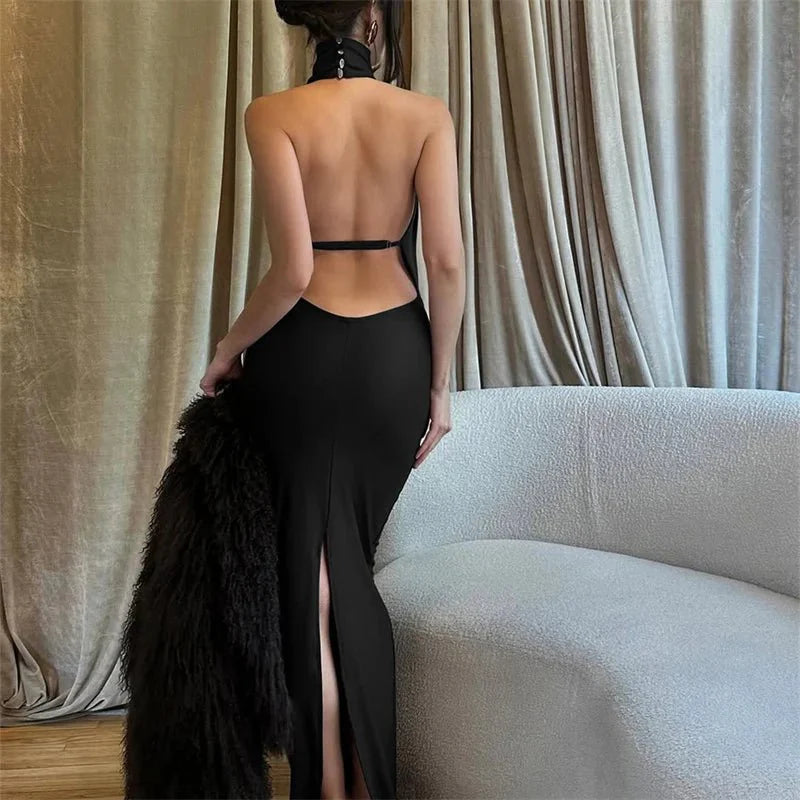 Vestido Maxi Bianca sin Mangas con Espalda Descubierta y Abertura
