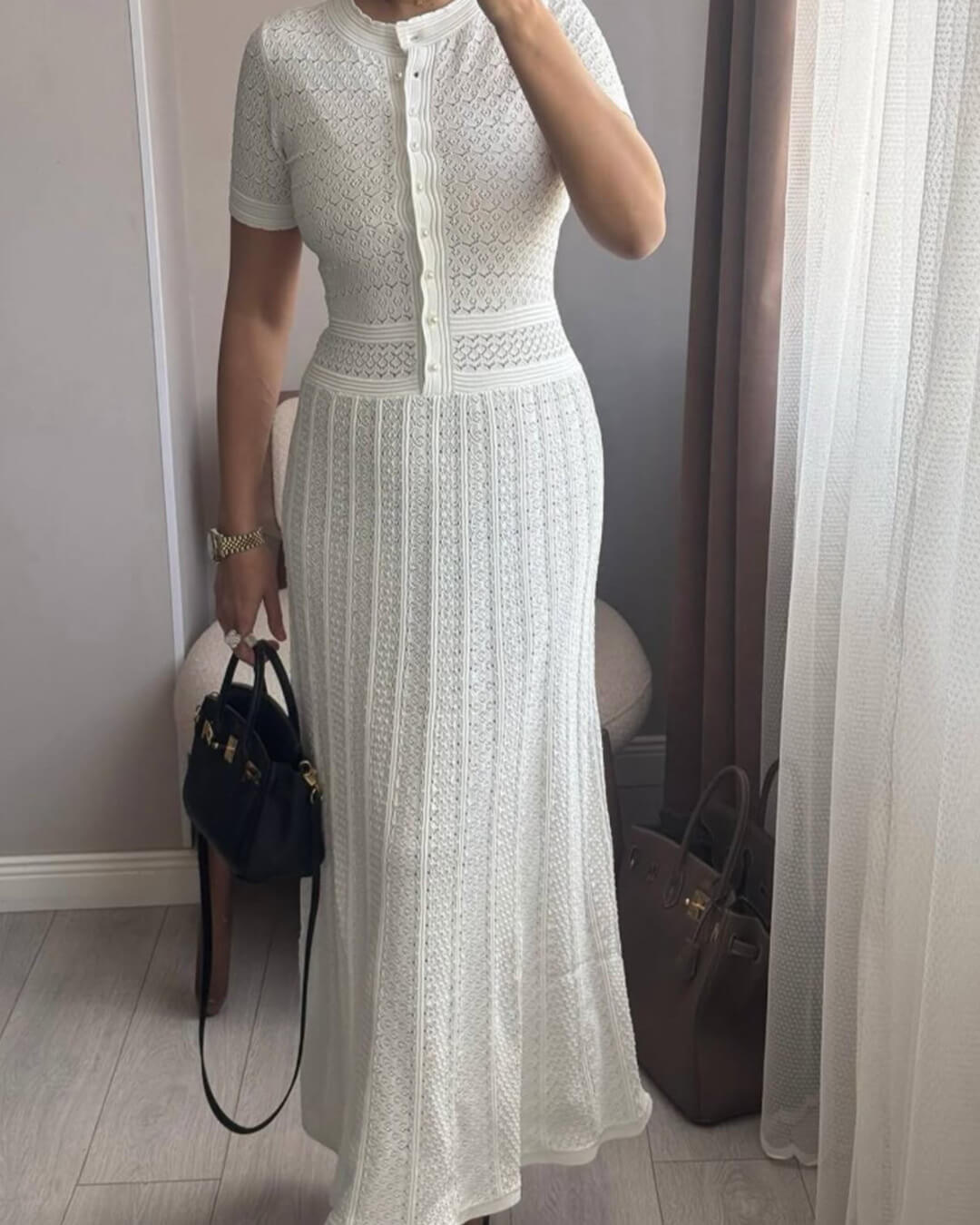 Vestido midi de punto Celeste con media botonadura