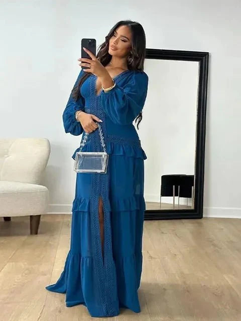 Vestido maxi Molly con escote profundo en V y volantes
