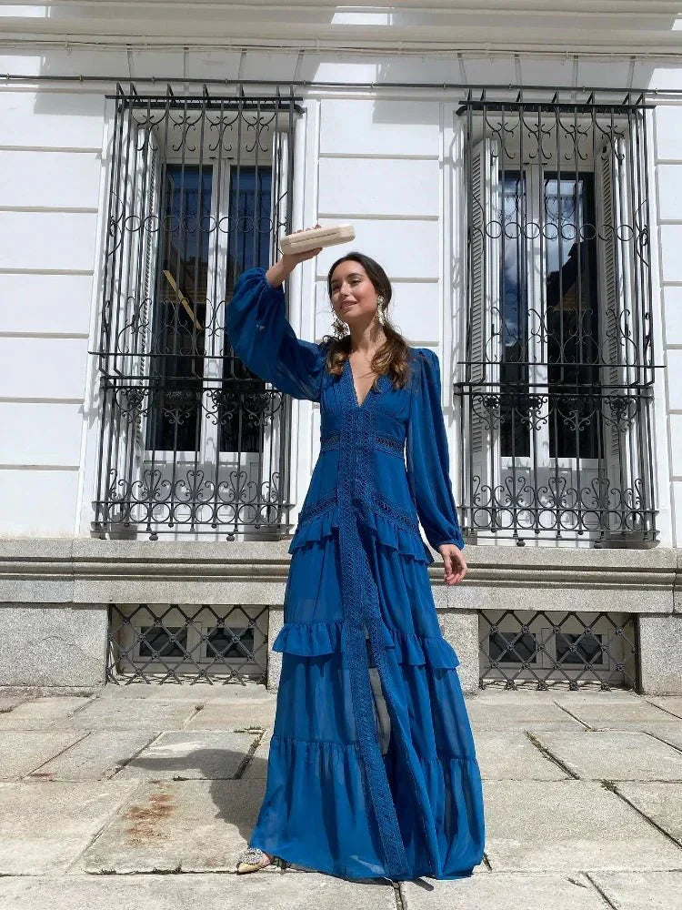 Vestido maxi Molly con escote profundo en V y volantes