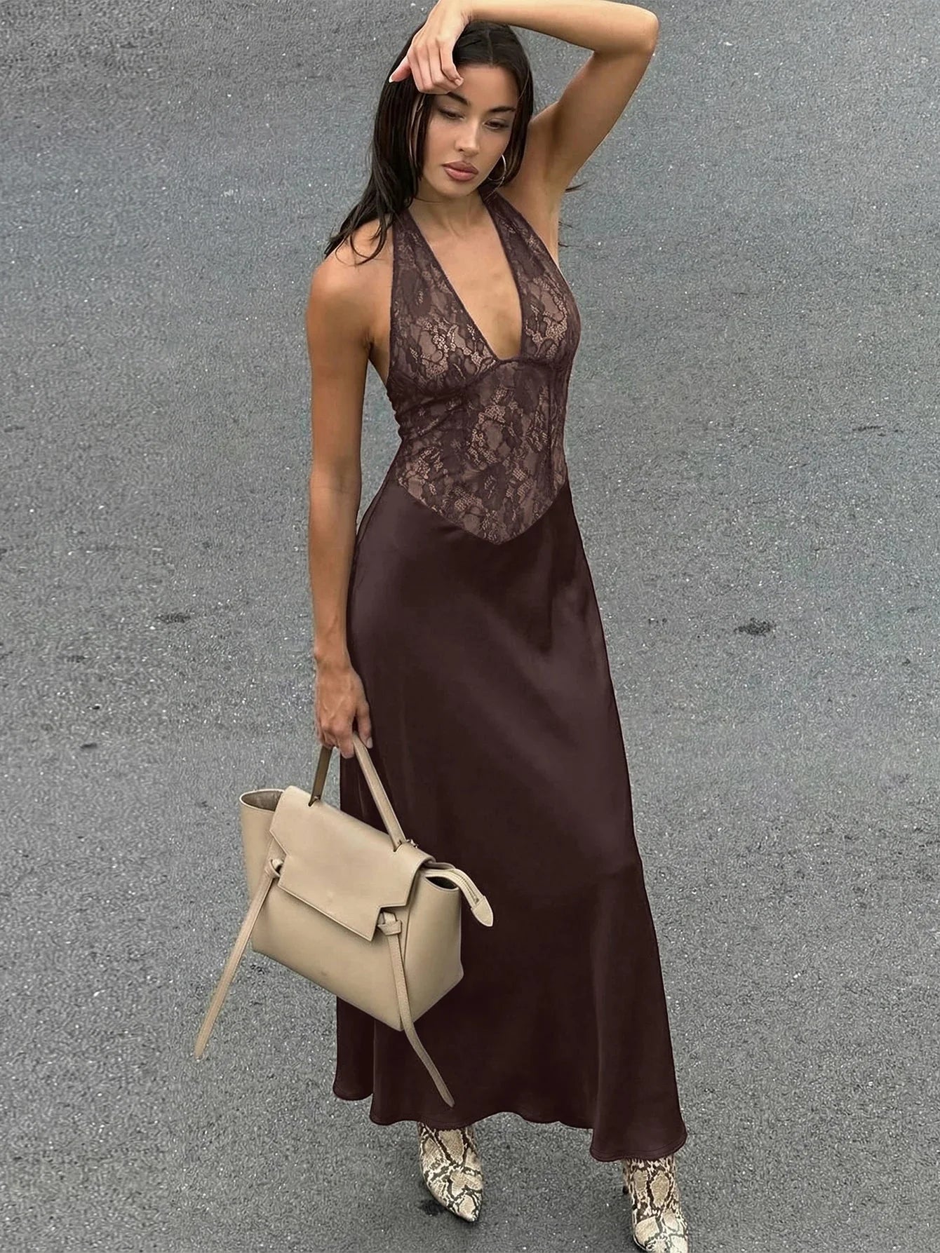 Serena Halter Backless Lace Patchwork Dress