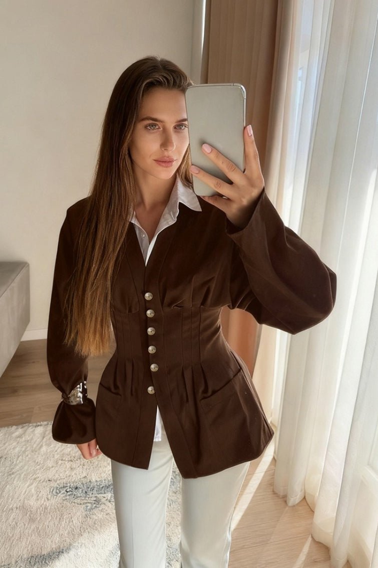 Beatrice Blazer Vintage Slim con Pliegues y Cintura Definida para Mujer